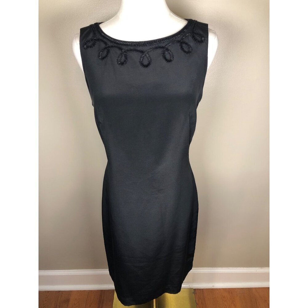 NWT Laura Ashley 100% Pure Silk Sleeveless Black Beaded Sheath Dress Size 8